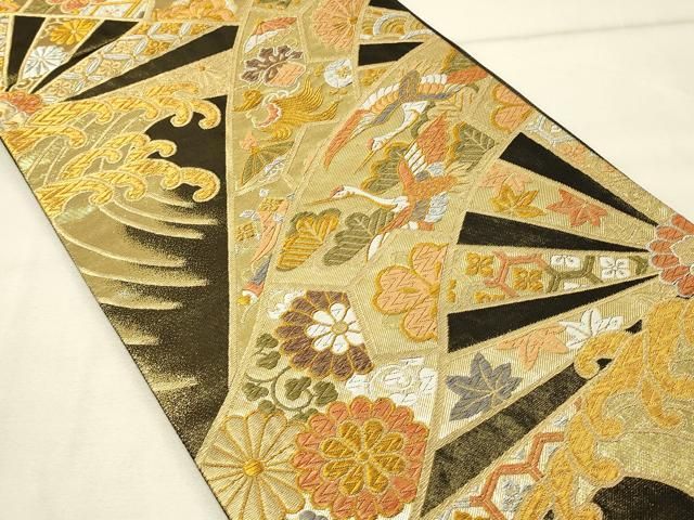 平和屋着物◎六通柄袋帯 唐織 宝尽くし 鶴 黒地 金銀糸 正絹