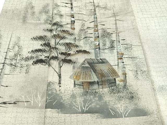 平和屋着物○訪問着 紬地 手描き 風景樹林文 暈し染め 金彩 正絹 逸品  