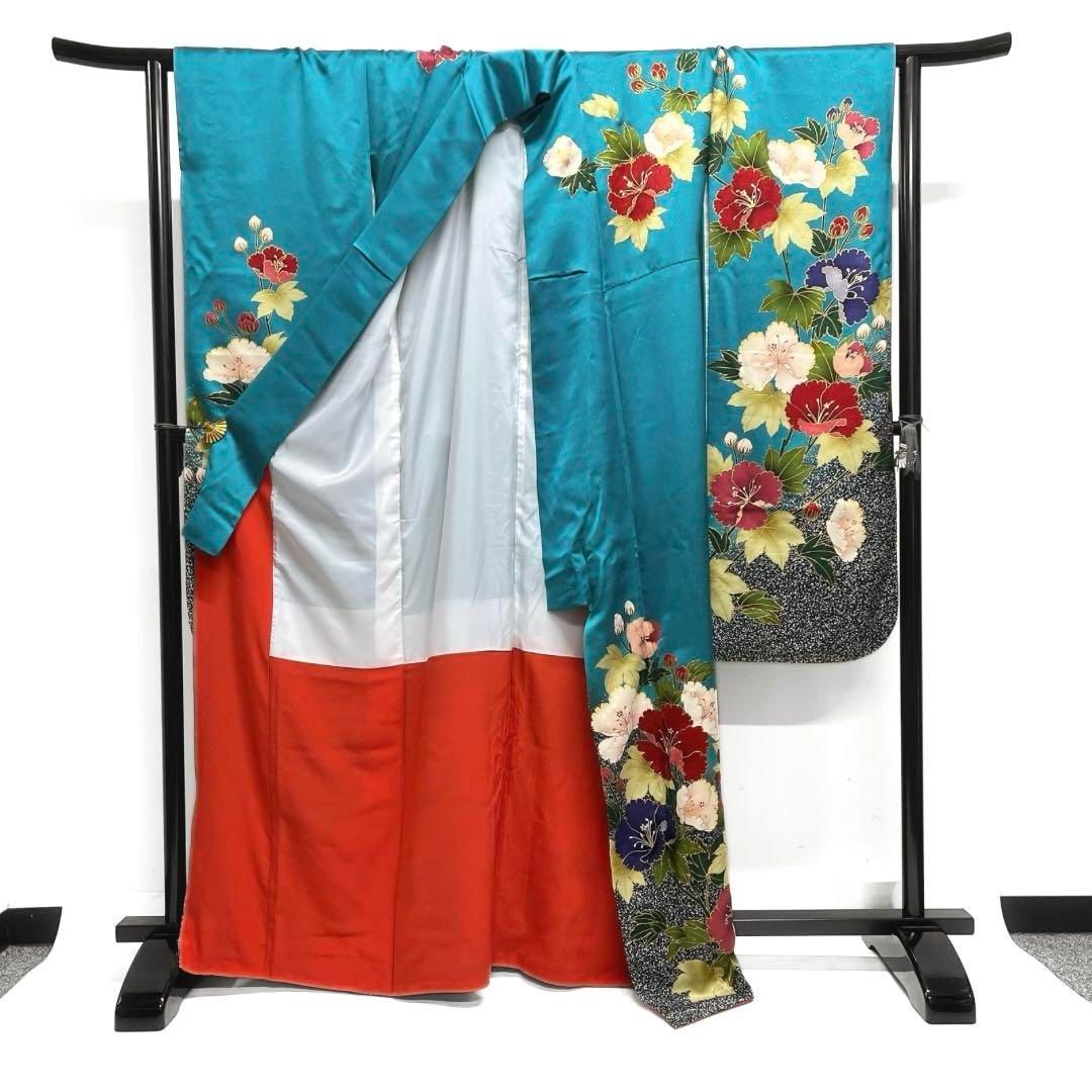 暖色振袖　金彩　芙蓉　ナイルブルー　金通し　成人式　晴れの日　着物　053a d 暖色振袖 金彩 芙蓉 ナイルブルー 金通し 成人式 晴れの日 着物