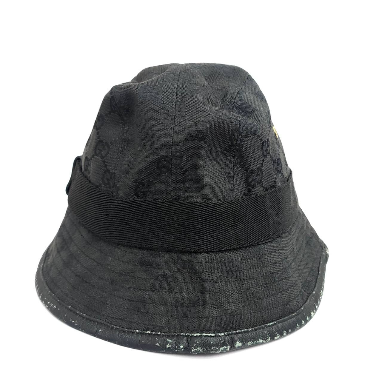 未使用品 グッチ GG バケットハット 帽子 size L 58㎝ ブラック 美品】グッチ GG バケットハット 帽子 Lサイズ キャンバス レザー 黒