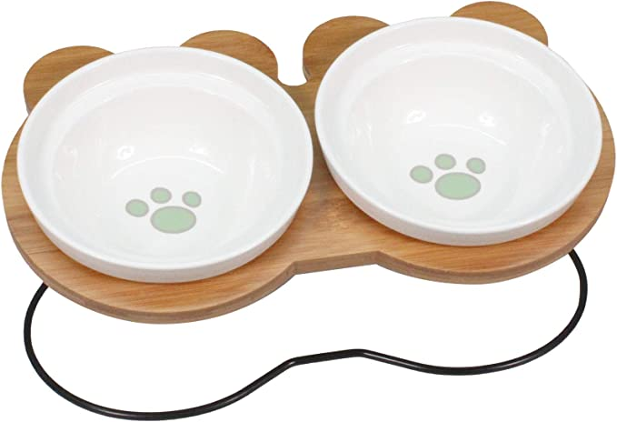 ダブル ダブル/肉球柄（pad） PetStyle えさ皿 猫 犬 食器 えさ 皿 餌入れ フードボウル ペット 猫用 犬用 ご飯皿 お皿 水飲み 食器台  食べやすい 傾斜 陶器 アイアンバンブースタンド (ダブル/肉球柄) ::54858