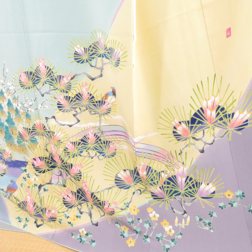 本加賀友禅 訪問着 天野雅彦 松竹梅に小鳥文様 水色 作家物 落款入 正絹 袷 広衿 一つ紋 蔦紋 フォーマル 本場加賀友禅染 身丈159cm 本加賀友禅 訪問着 天野雅彦 松竹梅に小鳥文様 水色 作家物 落款入