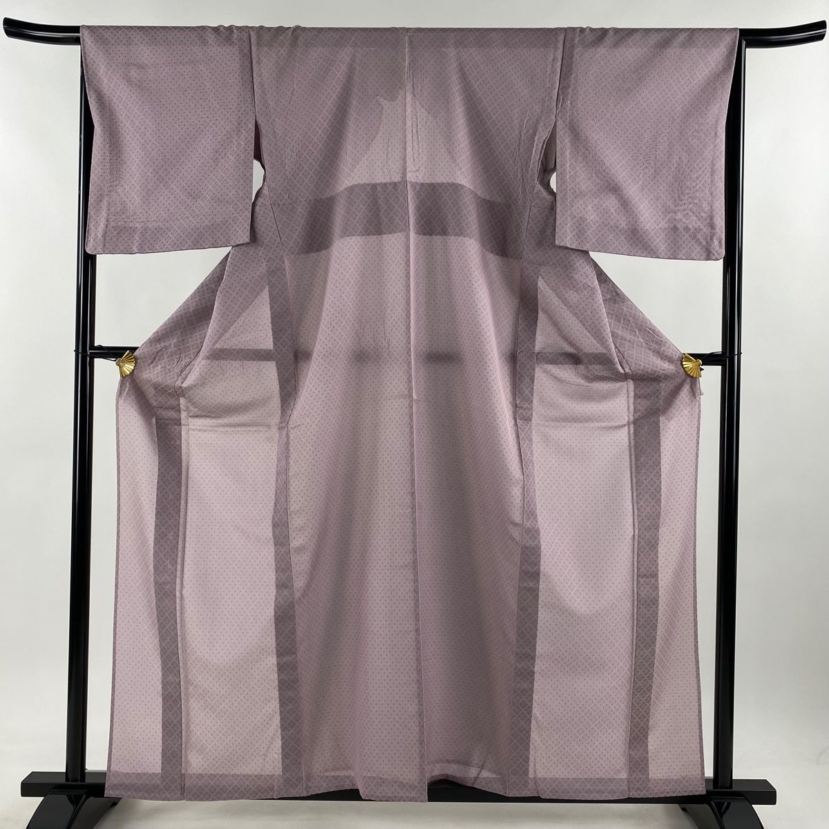 お召 身丈161.5cm 裄丈67.5cm L 薄物 斜め格子 幾何学模様 薄紫 正絹 名品