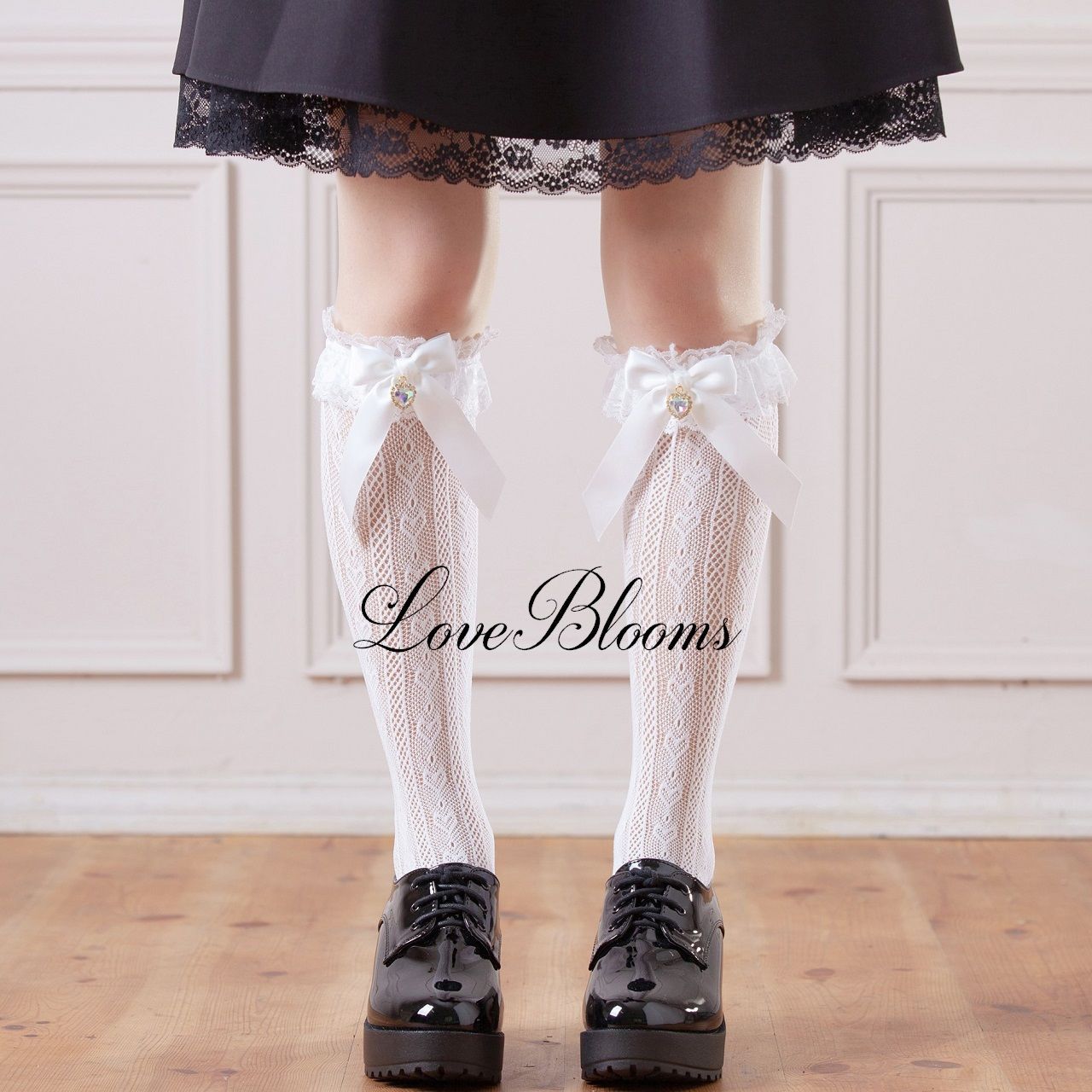 Angelic Pretty　ハートレースハイソックス ハートビジュー リボン付き ハート柄フリルレース ハイソックス