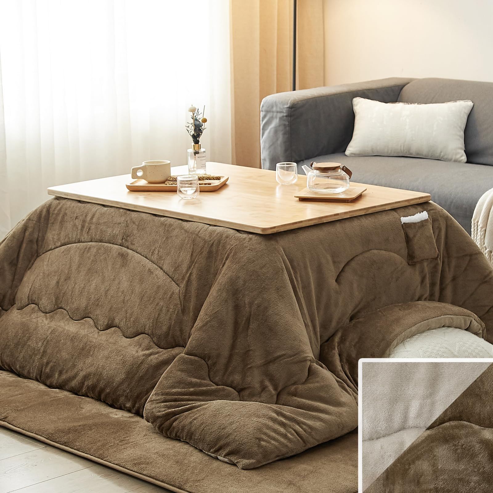 VK Living こたつ布団 長方形 単品185×235cm 中綿1.8kg 【SUPER HOT】 発熱綿使用+LockHeat速暖発熱繊維 撥水加工 ポケット付き フィットキルト こたつ掛け布団 リバーシブル 両面使える フランネル 保