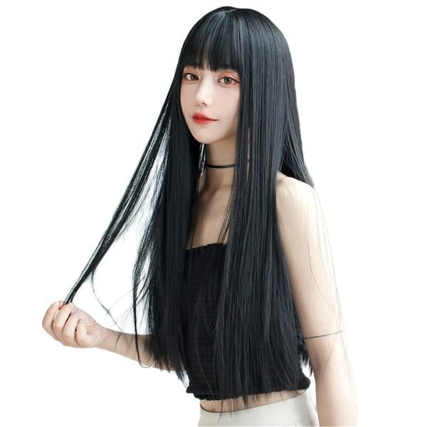 ブラック ウィッグ ロング ストレート かつら フルウィッグ 自然 ぱっつん 小顔 人気 耐熱 wig 原宿系 ファッション ネット/櫛付き 黒 ブラック