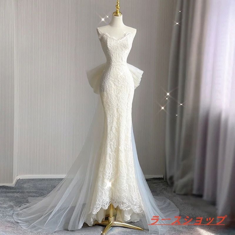 ウェディングドレス ロングドレス マーメイドドレス レース ウエストリボン トレーンライン 二次会 結婚式 前撮り ブライダル 花嫁
