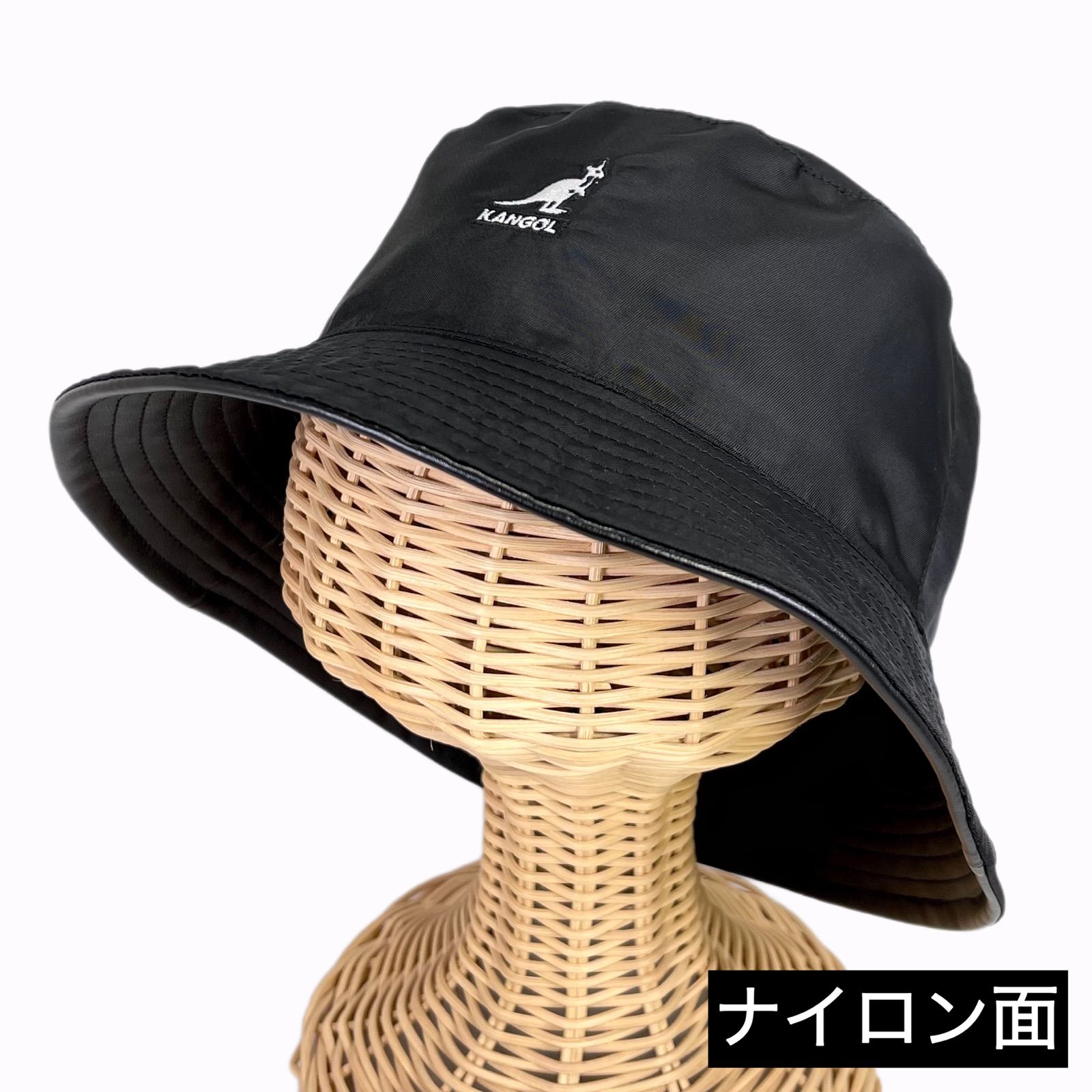 KANGOL レザーバケットハット 同色刺繍 Black XLサイズHL帽子バケット