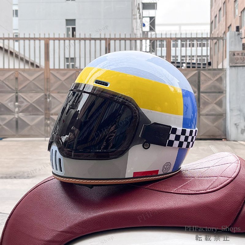 レトロヘルメット クラシック フルフェイスヘルメット ゴーグルが付き バイクヘルメット DOT認定 耐久性 安全性 通気性 男女兼用 ホワイト＆ブルー＆イエロー A178