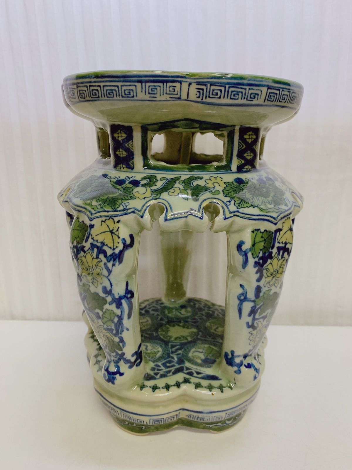 陶器製 高品質 椅子 花台 飾台 スツール フラワーベース 鳳凰文 染付