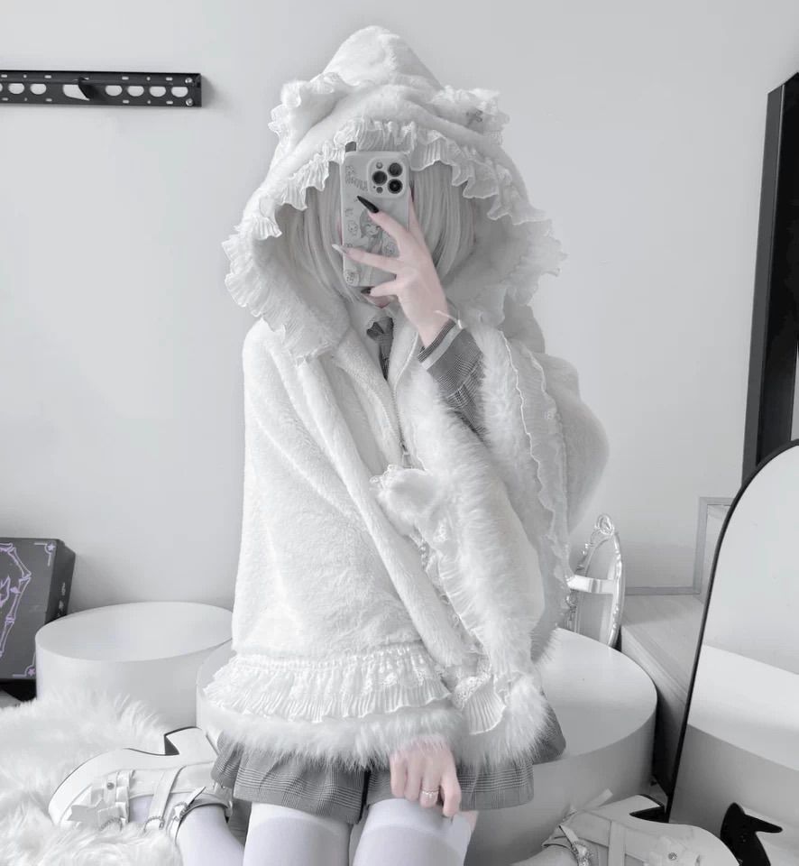 ✴︎白色 猫耳 フード付き ケープ ポンチョ もこもこ フリル