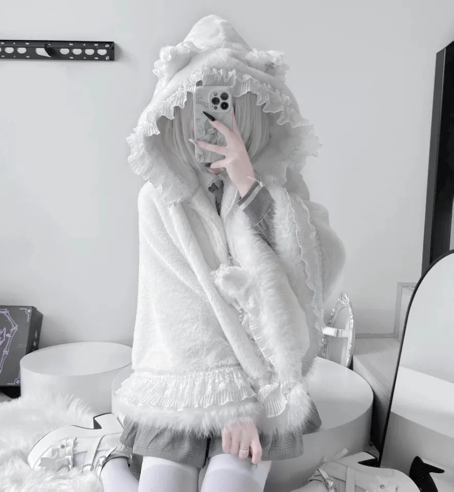 ✴︎白色 猫耳 フード付き ケープ ポンチョ もこもこ フリル