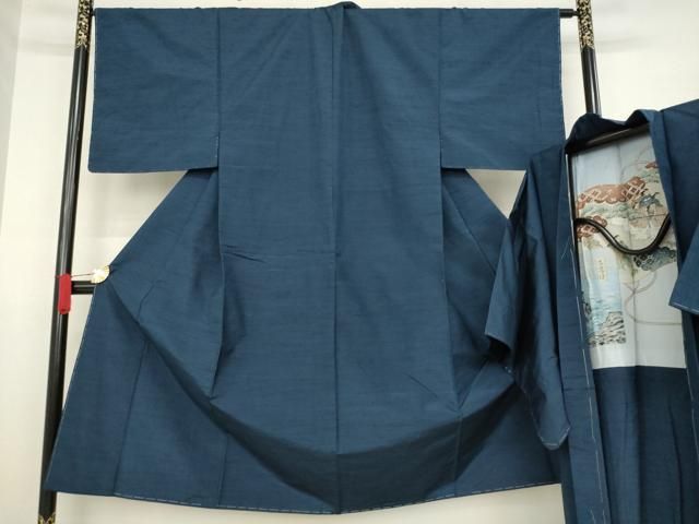 平和屋着物○男性 紬 アンサンブル 色無地 鉄紺色 正絹 逸品 未使用