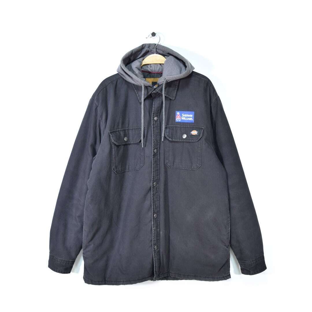 ディッキーズ ワーク コットンシャツジャケット フードレイヤード 黒 ブラック DICKIES サイズL 古着 @DZ0546