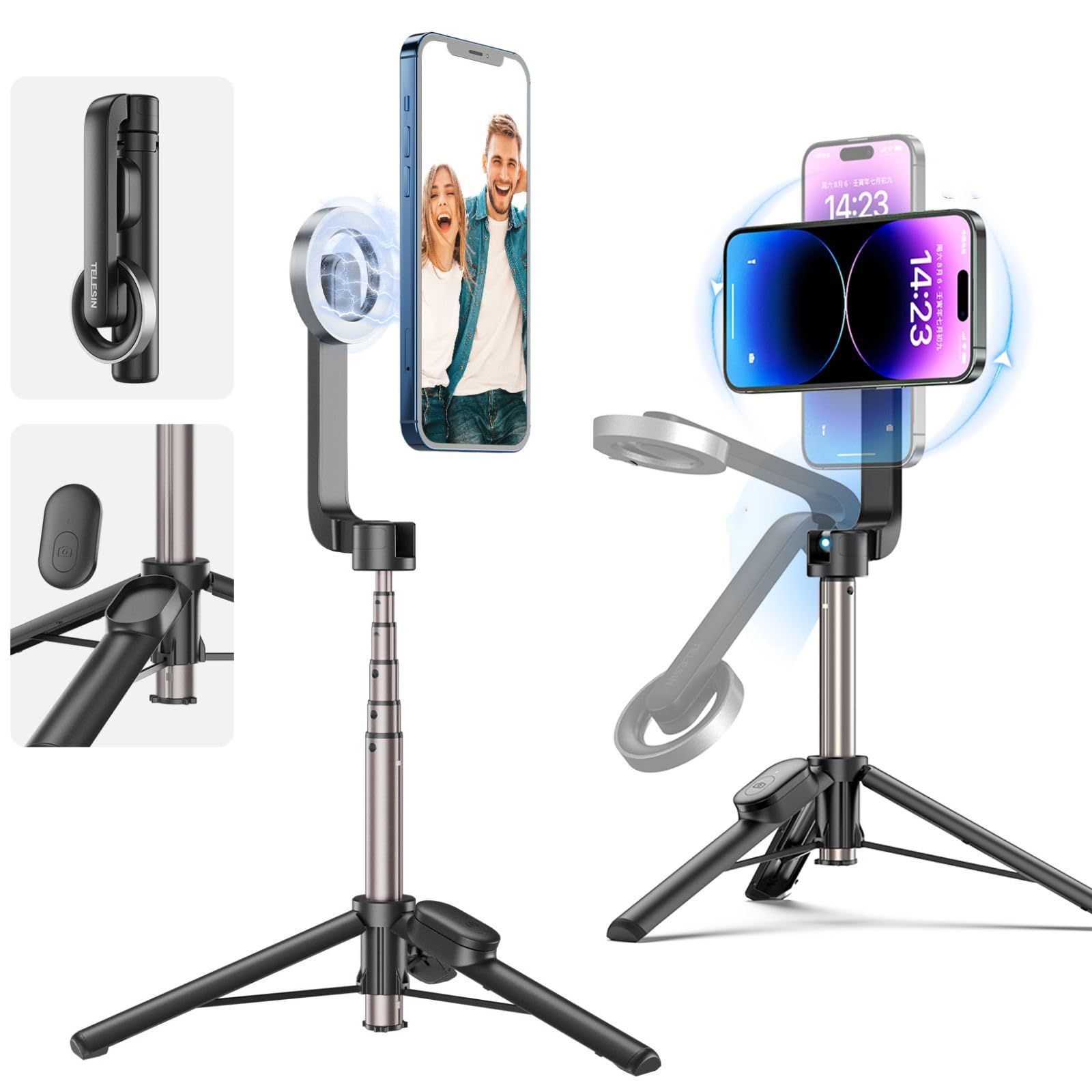 新品 TELESIN° 自撮り棒 マグネット スマホスタンド、Bluetoothリモコンが付いて 10 m遠隔操作 片手で操作できます 軽量 折りたたみ式 コンパクト 360度回転 伸縮可能なスマホ 三脚、iPhone 16 15 14 13 12 Pro M 人気・おすすめ｜使いやすい・旅行におすすめ セール中 全国発送 国内発送・品質保証付き商品