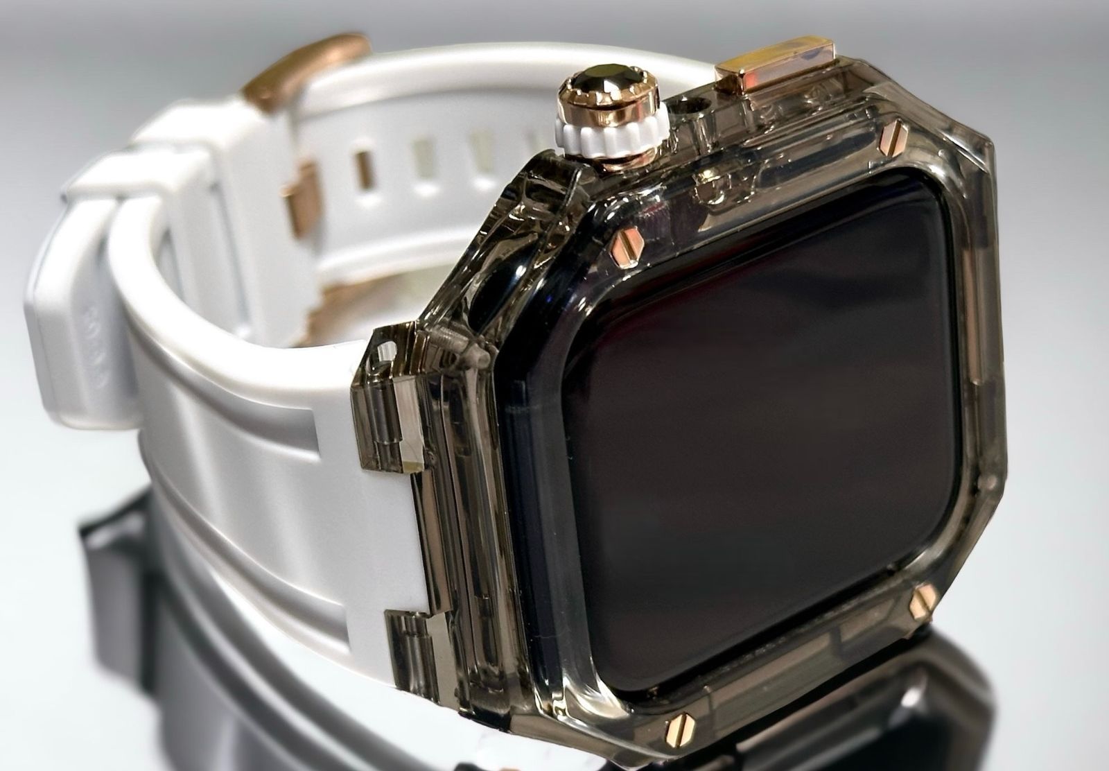 ローズゴールド ブラッククリア ホワイト アップルウォッチ ラバーベルト カバー クリア ケース 40mm 41mm 44mm 45mm 4 5 6 7 8 9 se スポーツ メンズ レディース 4スクリュー Apple Watch バンド