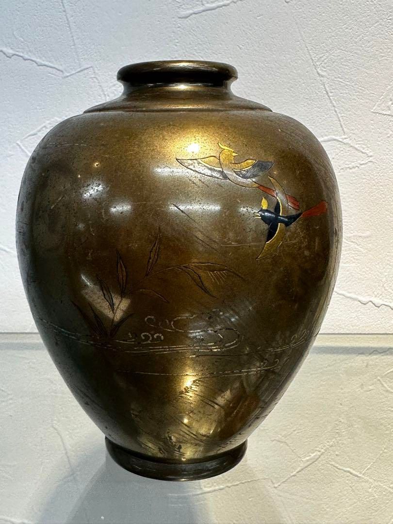 明治時代金属工芸 金銀象嵌鳥図銅花瓶 15cm 本け0716 1F