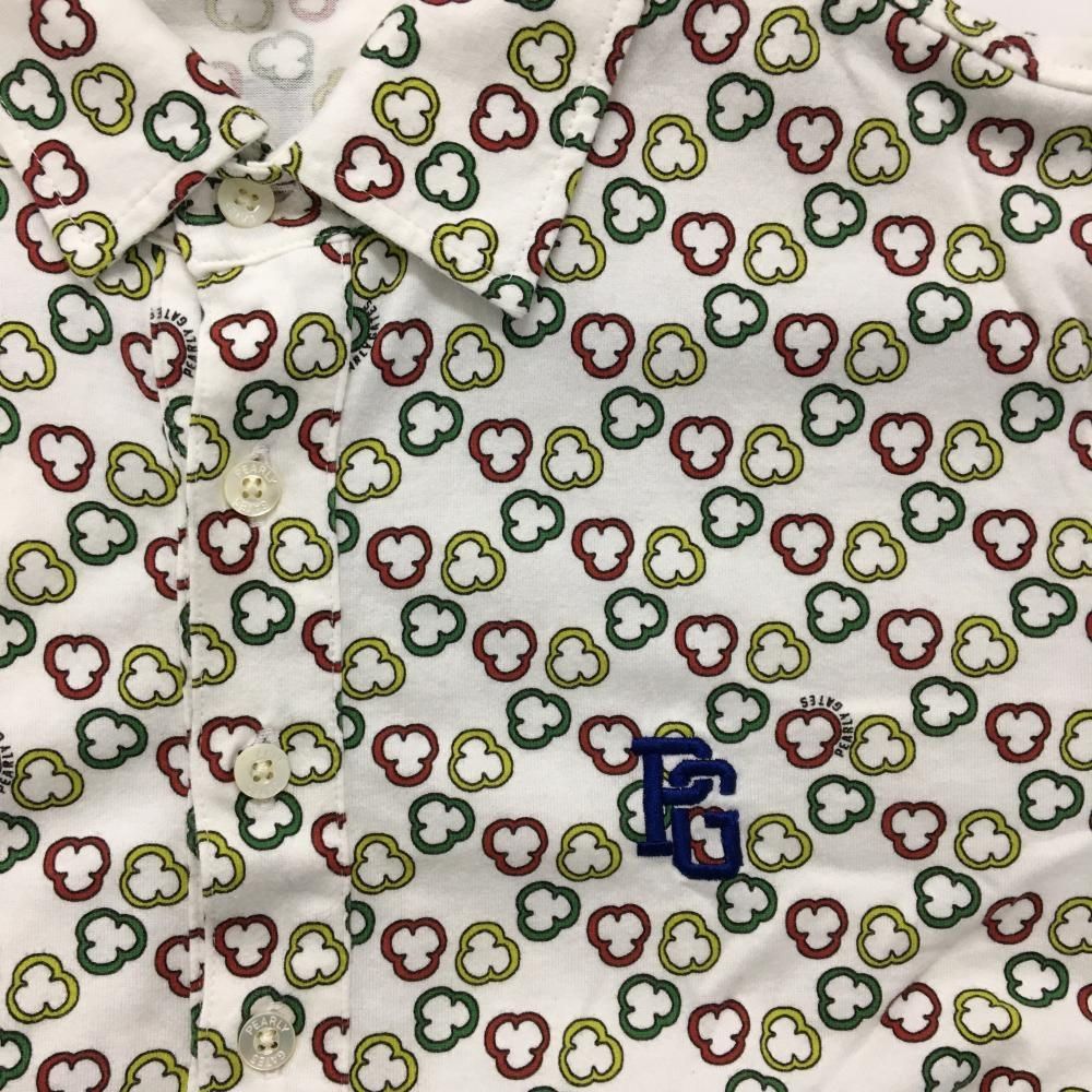 サッパリした 超 パーリーゲイツ 半袖ポロシャツ 白×マルチ 総柄 ロゴ刺しゅう メンズ 4 M ゴルフウェア PEARLY GATES