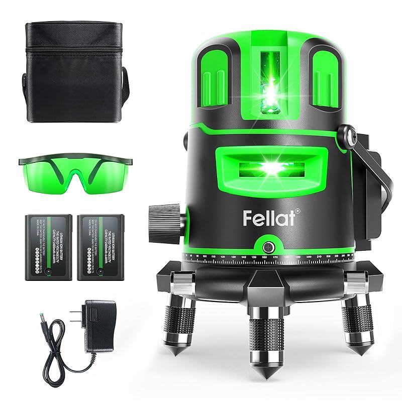 FELLAT レーザー墨出し器 5ライン グリーンレーザー 墨出しレーザー 高精度 自動水平補正 4方向大矩ライン照射 グリーンレーザー墨出し器 受光器対応 水平器レーザー 地墨ポイント 屋内外DIY|測量|建築 日本語説明書付き 1