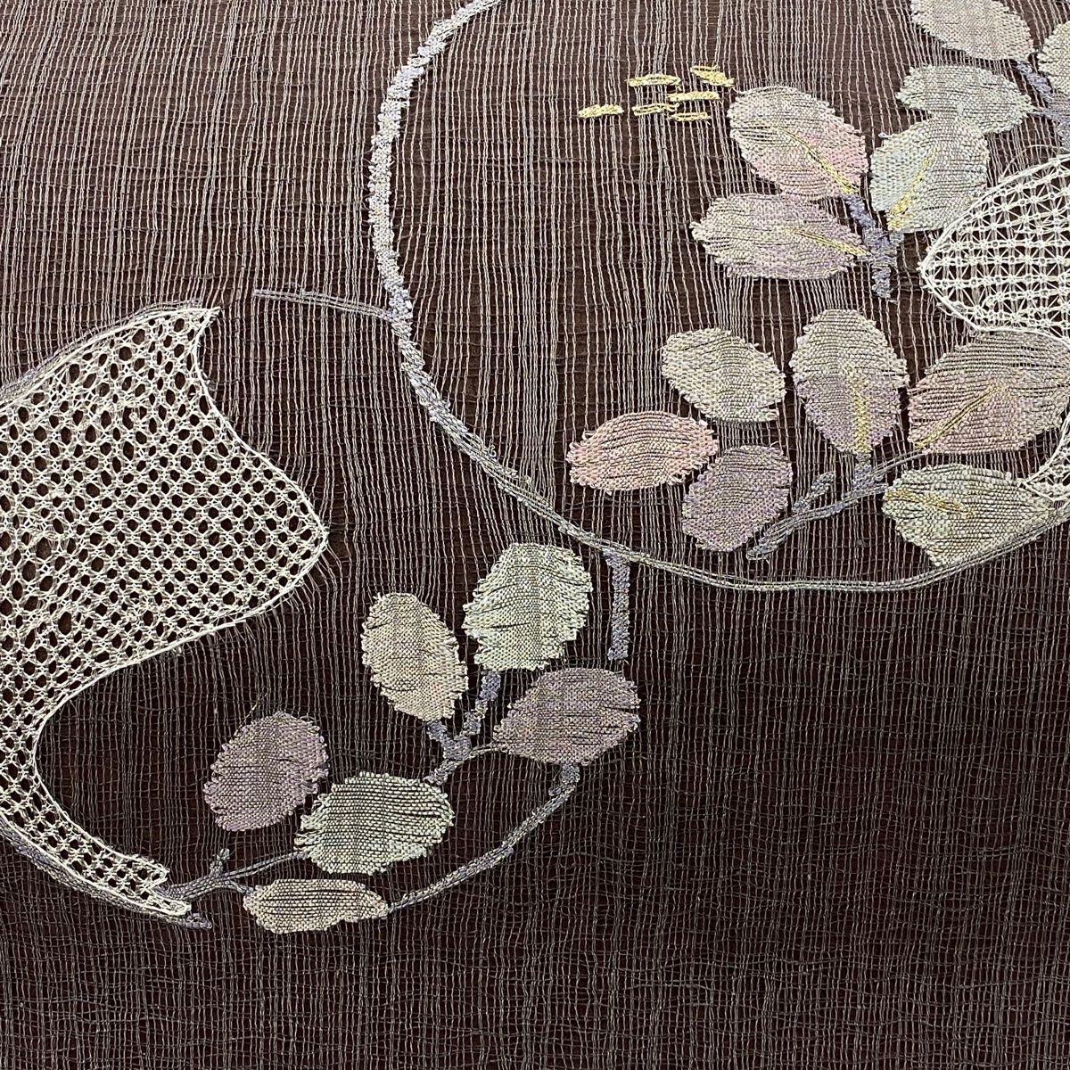 袋帯 秀品 丸文 萩 刺繍 金銀糸 灰茶 お太鼓柄 正絹 【中古