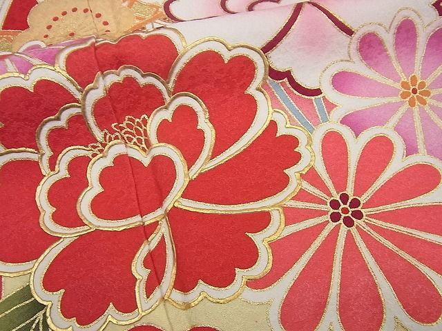 平和屋1□極上 振袖・長襦袢セット 鞠花文 暈し染め 本金箔 半衿刺繍