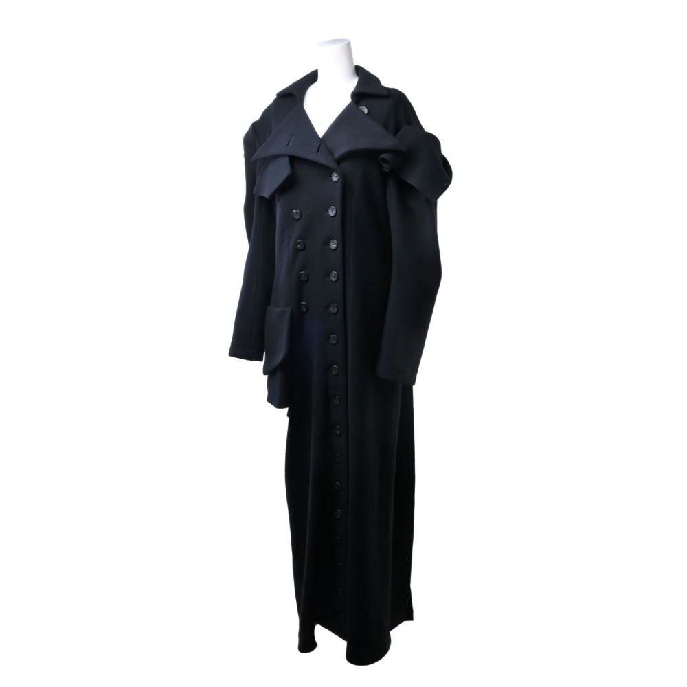 Yohji Yamamotoデザイン　ロングコート　ウール 2/60 WOOL GABARDINE R DOUBLE LAYERED LONG COAT(XS Black