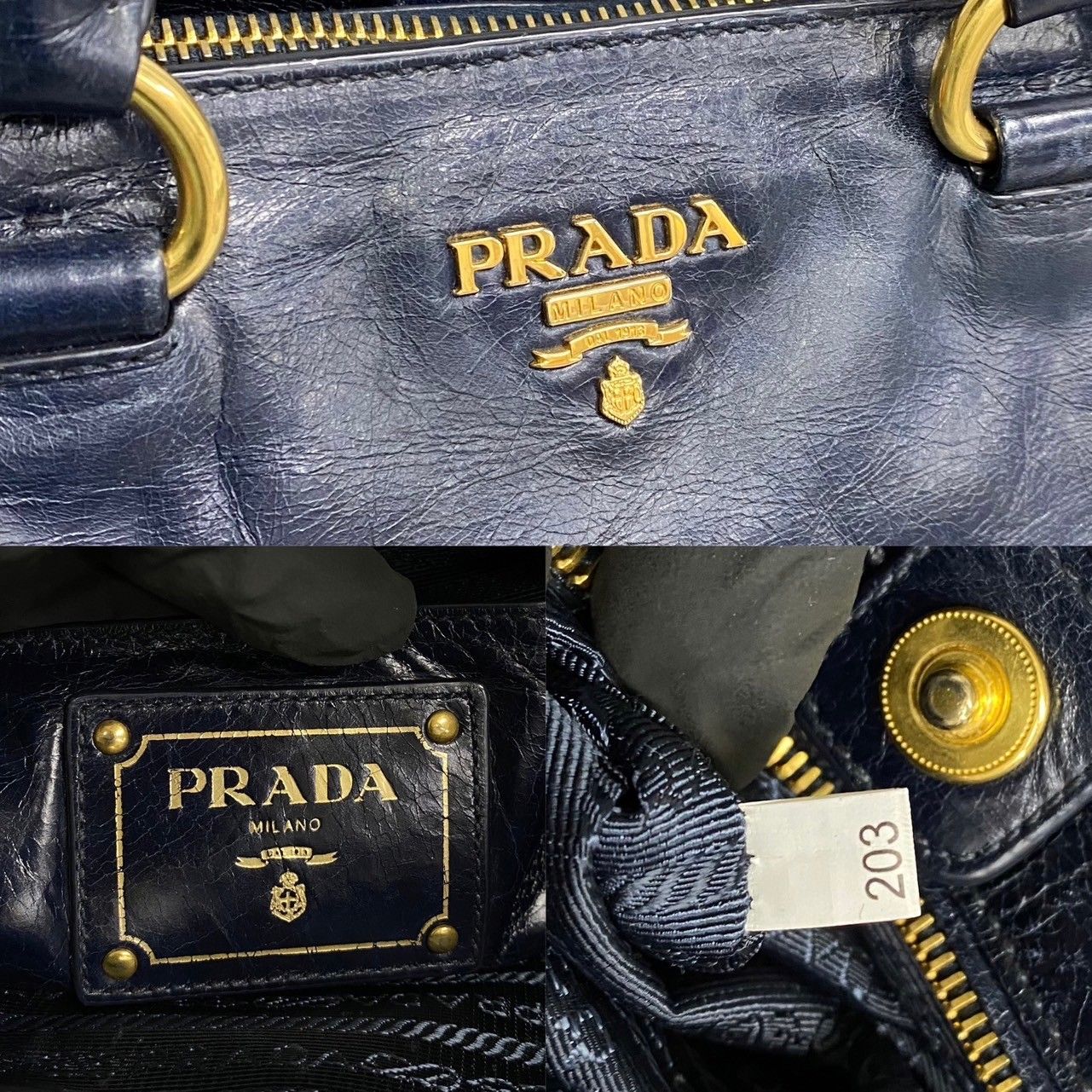 美品 希少品 PRADA プラダ ロゴ 金具 レザー 本革 ナイロン ハンドバッグ トートバッグ ビジネスバッグ ネイビー 紺 26224 - メルカリ