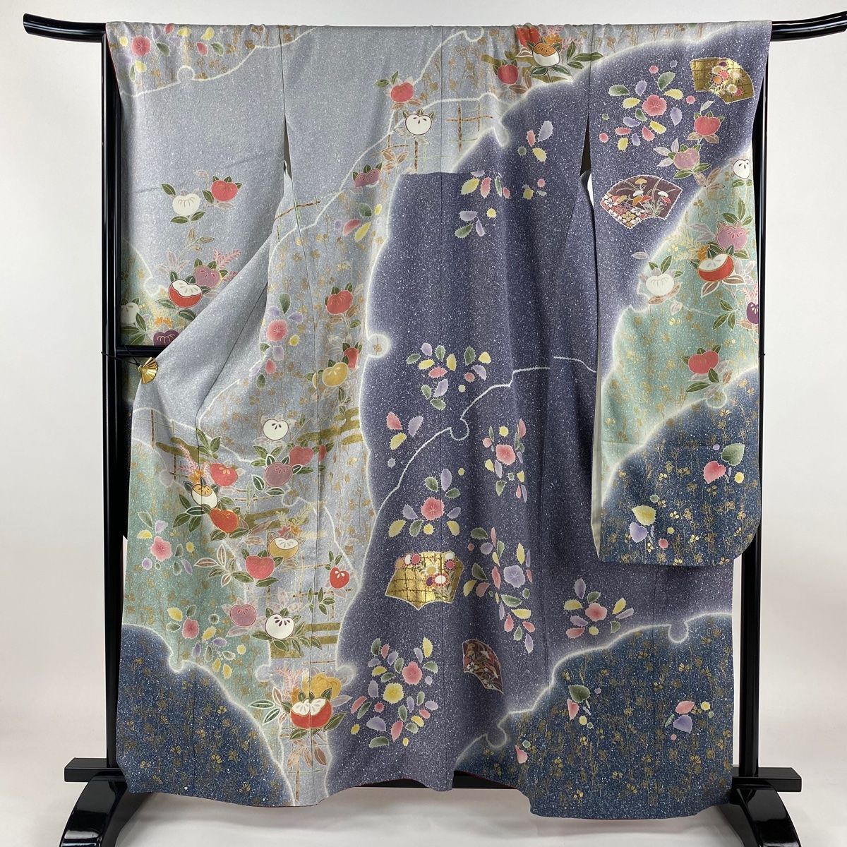 豪華正絹振袖フルセット 身丈165 ミント&グレー 袋帯 帯揚げ 帯締め 重衿 豪華振袖ラメ刺繍 金駒 袋帯重ね衿帯揚げ帯締めセット白紫