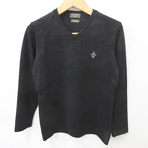 エポカ ウォモ EPOCA UOMO カットソー Tシャツ ロンT 長袖 Vネック ビジュー プリント 黒 ブラック 46