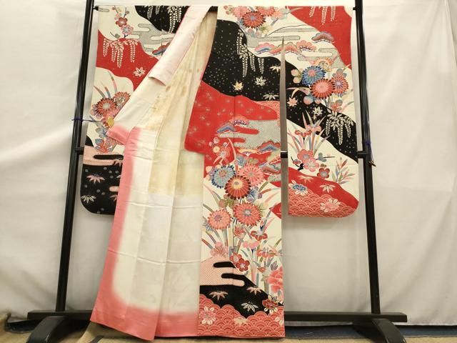 平和屋着物□豪華振袖 型染め 松竹梅霞花文 鬼しぼ縮緬 正絹