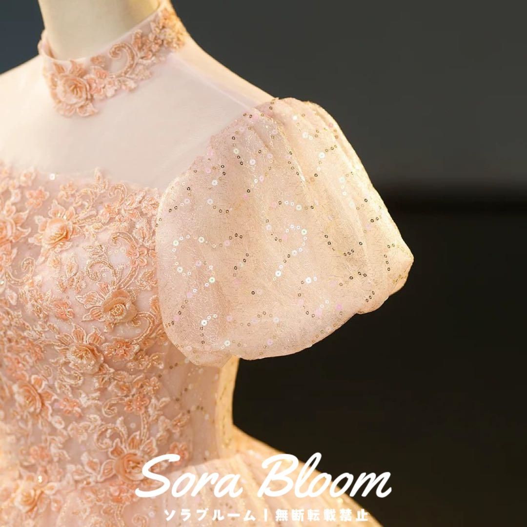 お花のデザインがオシャレなパフスリーブ イブニングドレス 新品・未使用】お花のデザインが美しい パフスリーブ イブニング
