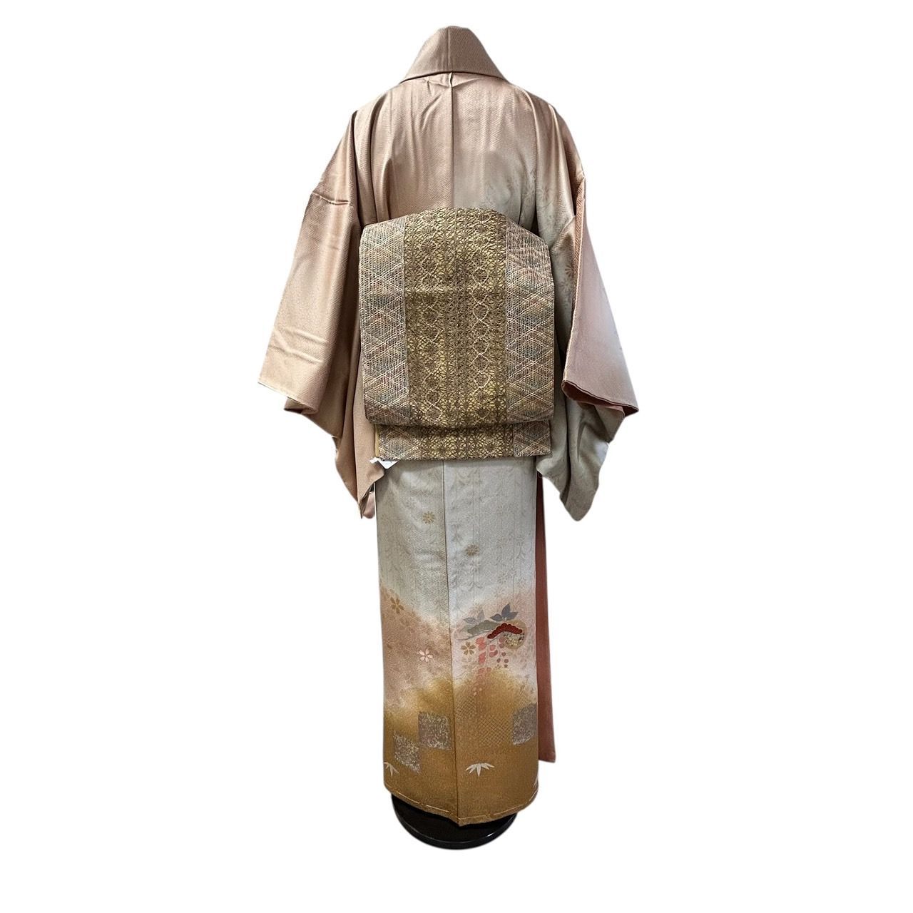 Aランク美品】正絹袋帯 変わり織 縞に抽象花模様 全通柄 個性派