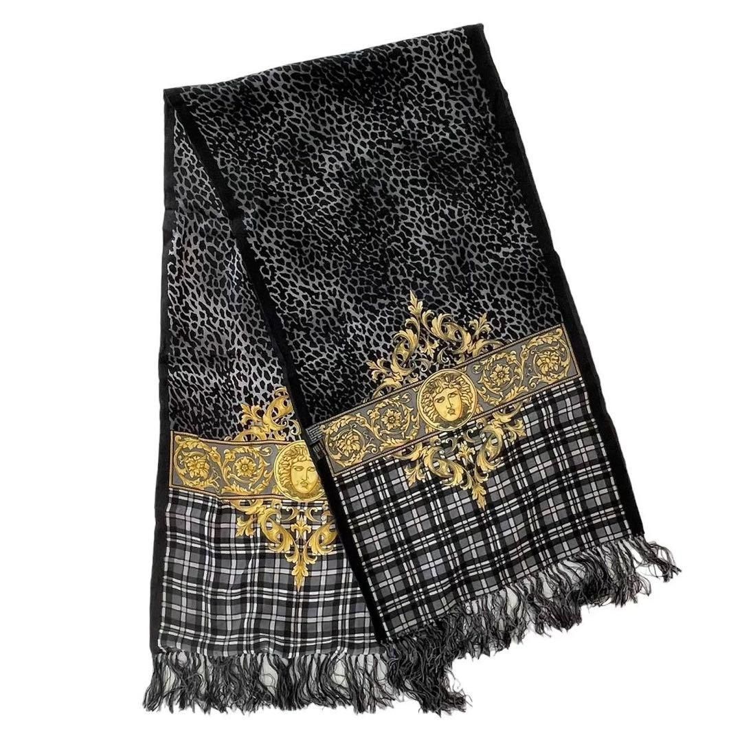 VERSACE ヴェルサーチ ストール グレー レオパード 豹柄 ウール シルク VERSACE ヴェルサーチ ストール グレー レオパード 豹柄 ウール