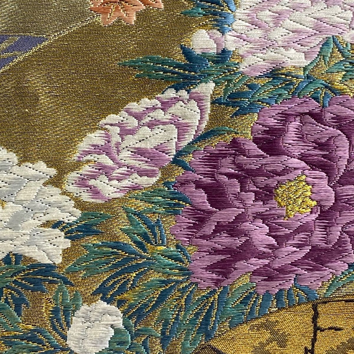 袋帯 名品 じゅらく 落款 じゅらく帝王紫 扇面 牡丹 金糸 箔 金色 六通