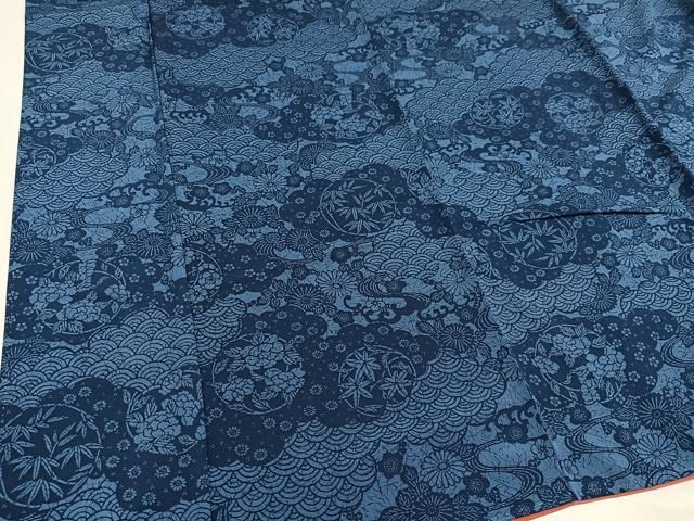 平和屋着物▽本藍 型絵染 小紋 単衣 菊唐草文 正絹