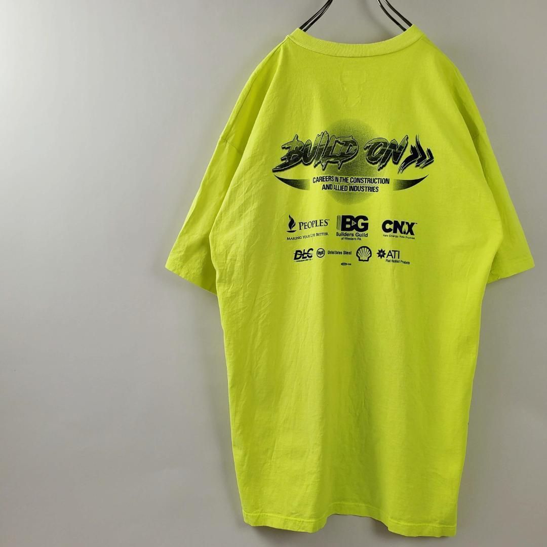 イエロー Tシャツ バックプリント USA製LIFEWEARバックプリントロゴTシャツ明るい蛍光カラー