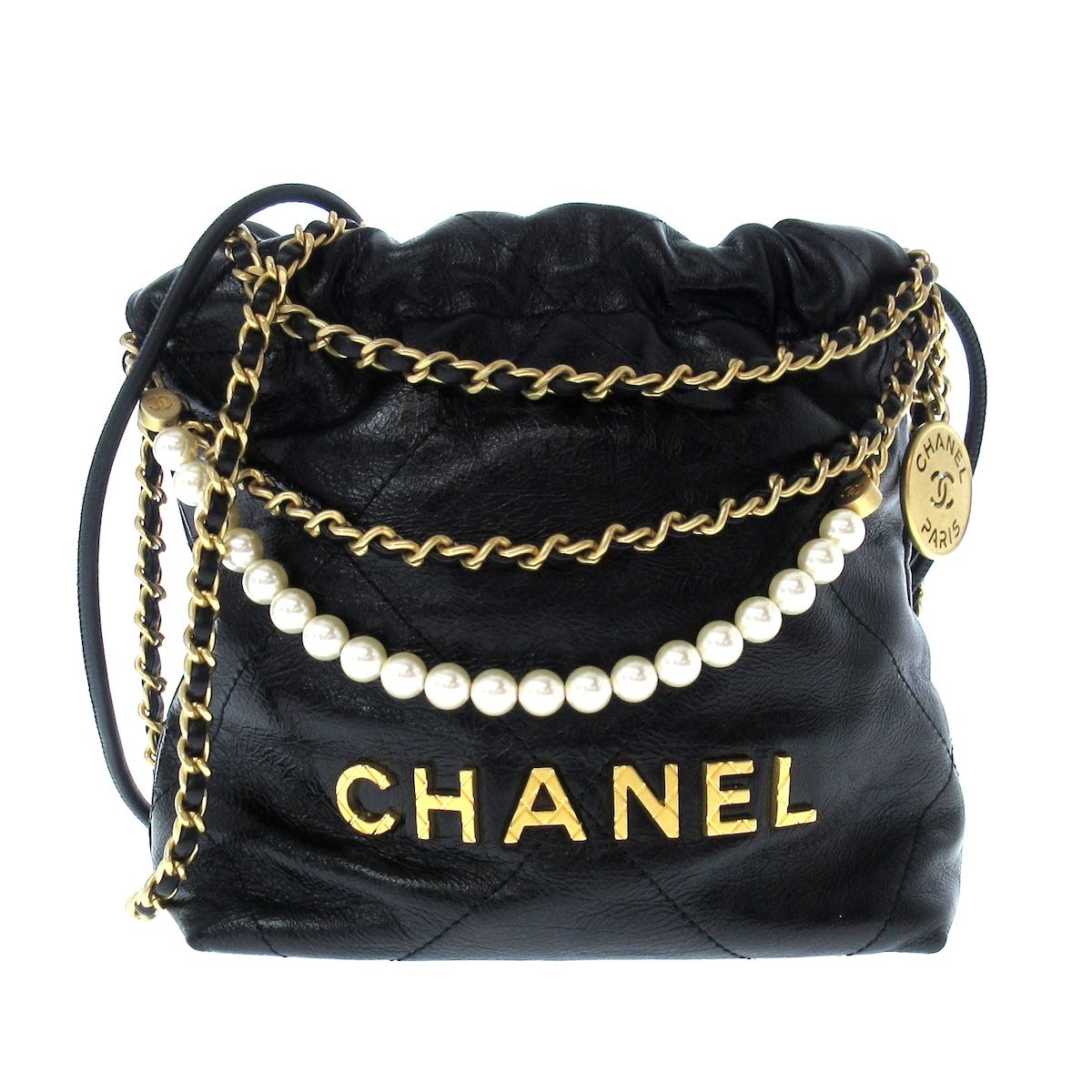 CHANEL(シャネル) ショルダーバッグ レディース美品 CHANEL 22 AS3980 黒 チェーンショルダー/ヴィンテージゴールド金具/フェイクパール  - メルカリ