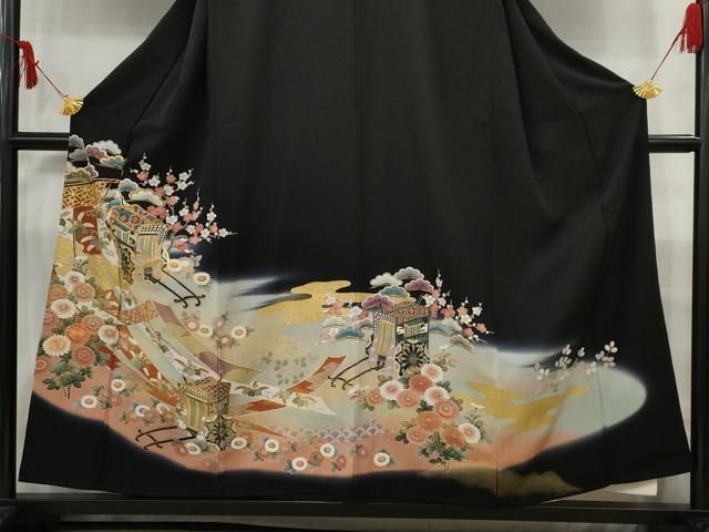 黒留袖　着物　風景画　落款　作家物　花柄　豪華 黒留袖 着物 風景画 落款 作家物 花柄 豪華