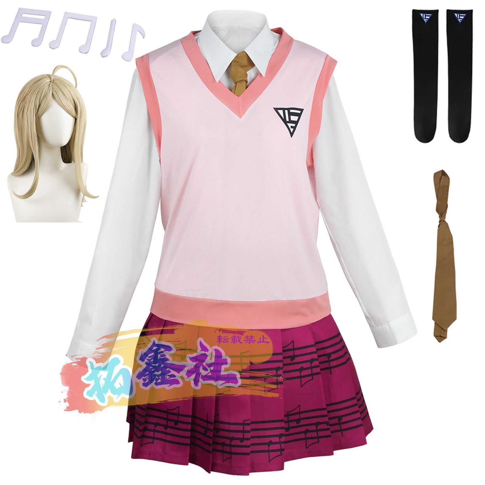 ダンガンロンパ 赤松楓 コスプレ衣装 ウィッグ 髪飾り 靴下付き あかまつ かえで JK制服 Cosplay アニメ イベント パーティー 変装 仮装