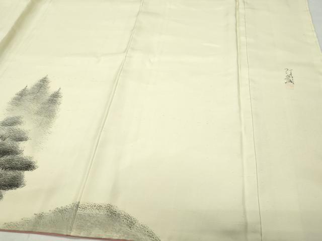 平和屋着物●訪問着　作家物・阿部武　紬地　手描き　遠山風景草木文　正絹　逸品　CAAZ1012vf 平和屋着物○訪問着 作家物・阿部武 紬地 手描き 遠山風景草木