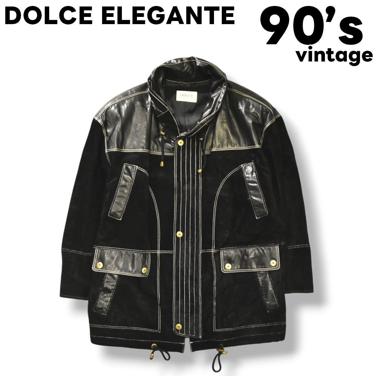 【美品】 90s ヴィンテージ 日本製 ドルチェ エレガント DOLCE ELEGANTE スエード x カウレザー 切替 変形 フーデット ロング ジャケット カバーオール 46 XL相当 ブラック メンズ