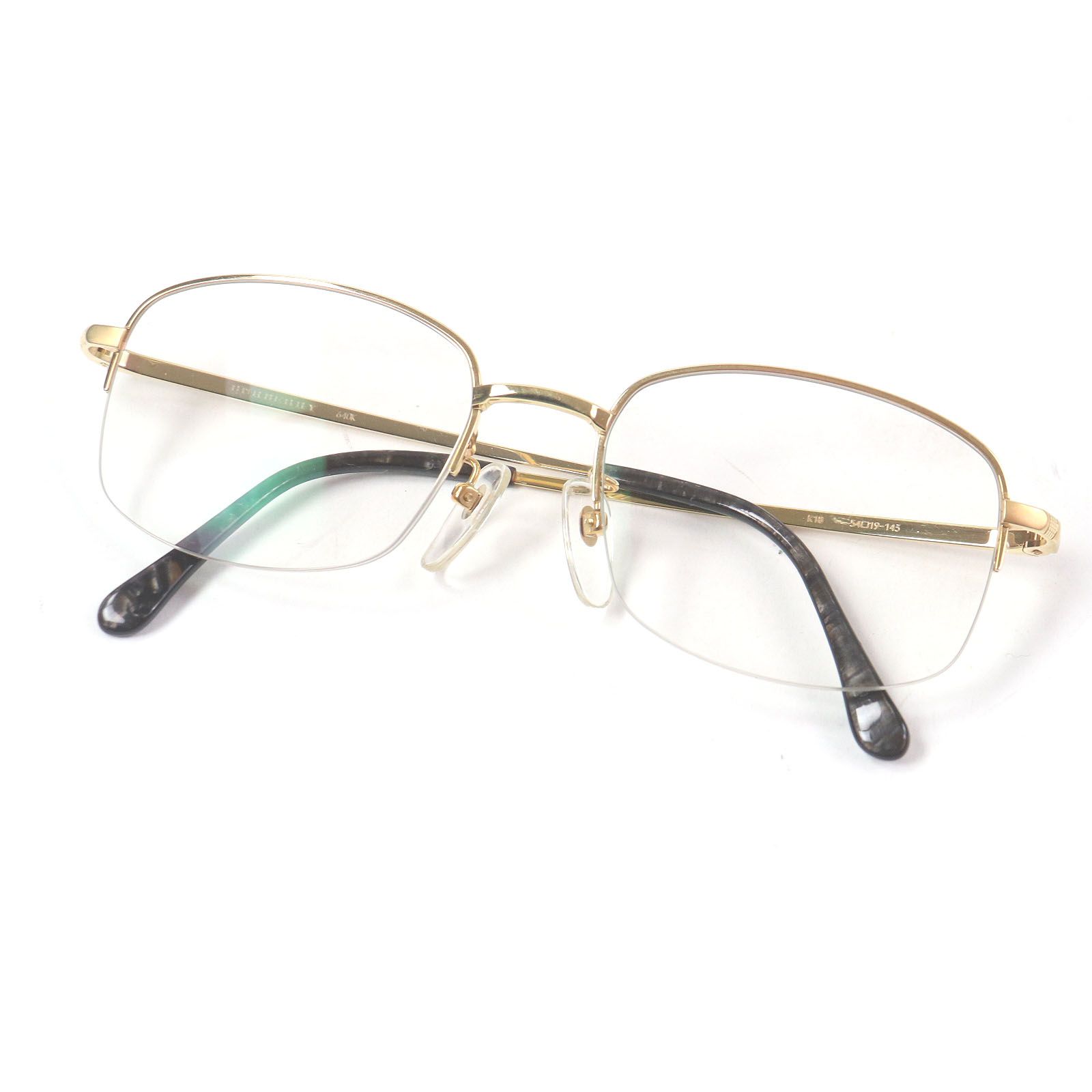 美品BURBERRY バーバリー 18K ロゴ入り ハーフリム スクエア メガネ 眼鏡 アイウェア ゴールド 5419-145 度入り 総重量34.4g メンズ