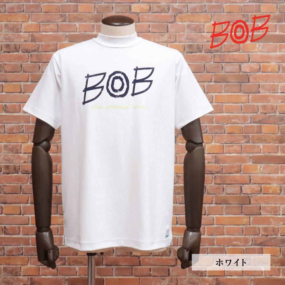 春夏|BOB|Lサイズ|半袖 モックネック Tシャツ UVカット 吸水速乾 ストレッチ スポーツ ゴルフ メンズ おしゃれ ボブ |白|ホワイト|ka153|