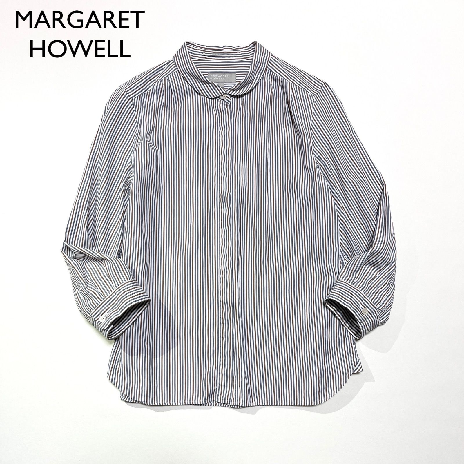 ◆美品 マーガレットハウエル 丸襟 ストライプ シャツ 7分袖 比翼ボタン cE94 MARGARET HOWELL 丸襟ストライプシャツ 比翼ボタン