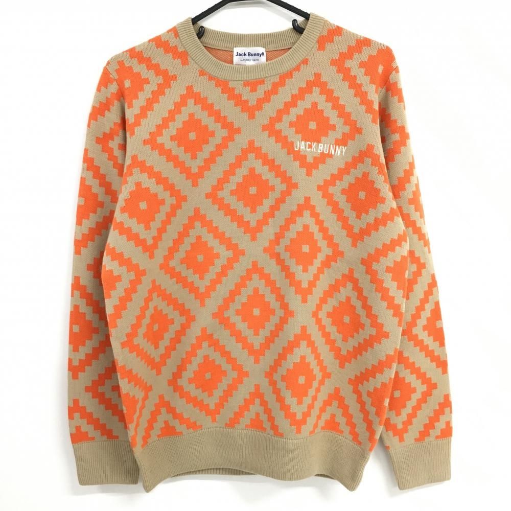超 ジャックバニー セーター ライトブラウン×オレンジ 総柄 ウール混 ニット メンズ 5 L ゴルフウェア Jack Bunny