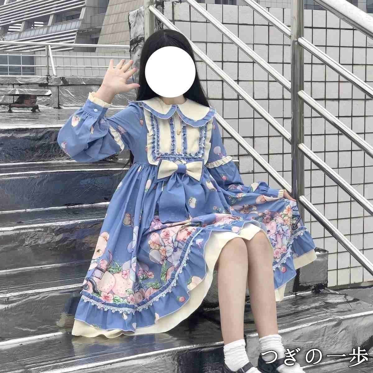 冬服 ロリータ ぬいぐるみ模様 ワンピース ブルー