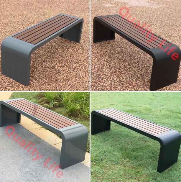耐候性防食防水ベンチ 鋳鉄フレームとプラスチック製木製椅子の表面