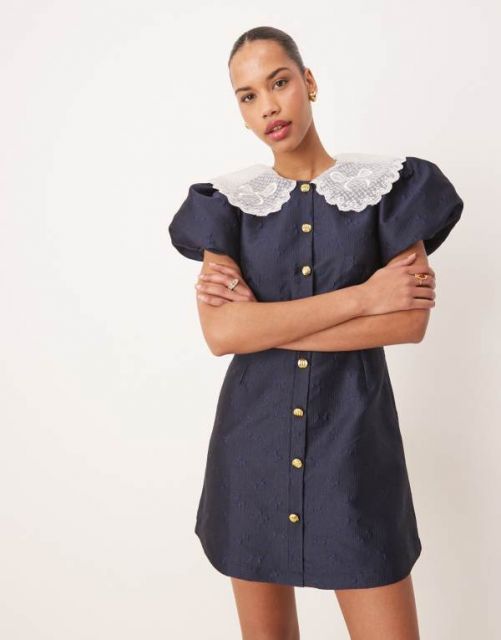 シスタージュン レディース ワンピース トップス Sister Jane contrast collar jacquard mini dress in navy blue