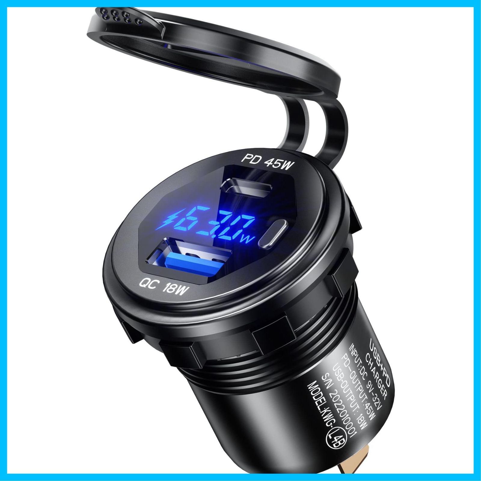 【速発送】Kaedear(カエディ) バイク USB 電源 急速 充電 デュル 2ポート 充電器 PD / QC3.0 ルミ製 デジタル LED 電圧計/電力計 切替式 12V-24V DC12V 車 バイク オートバイ ボート マリン RV トラック ゴ