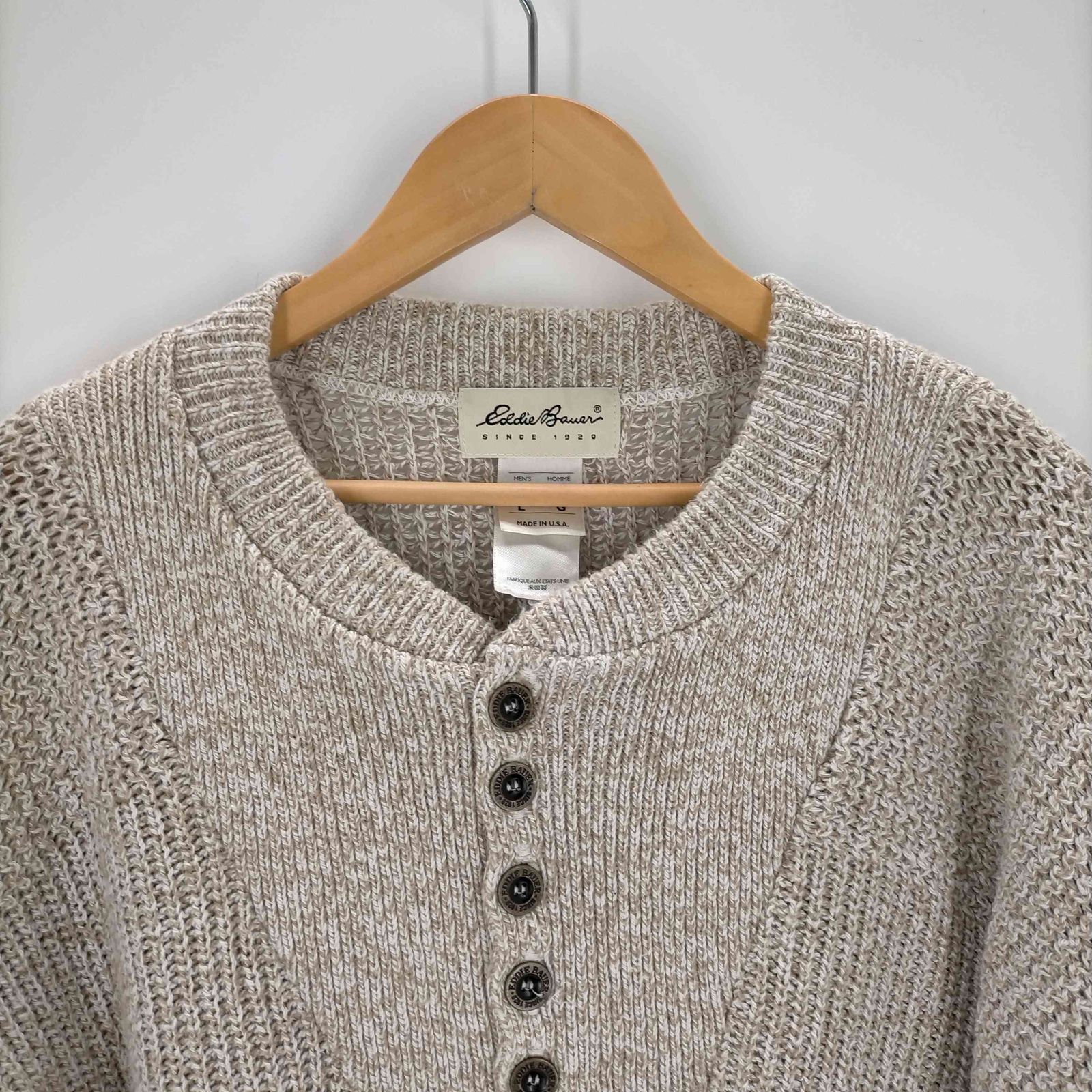 エディーバウアー Eddie Bauer 90s コットン ジープニット ヘンリーネック 白タグ USA製 古着 セーター (-1609) ベージュ系 L Eddie Bauer - 90s エディーバウアー ヘンリーネック コットン